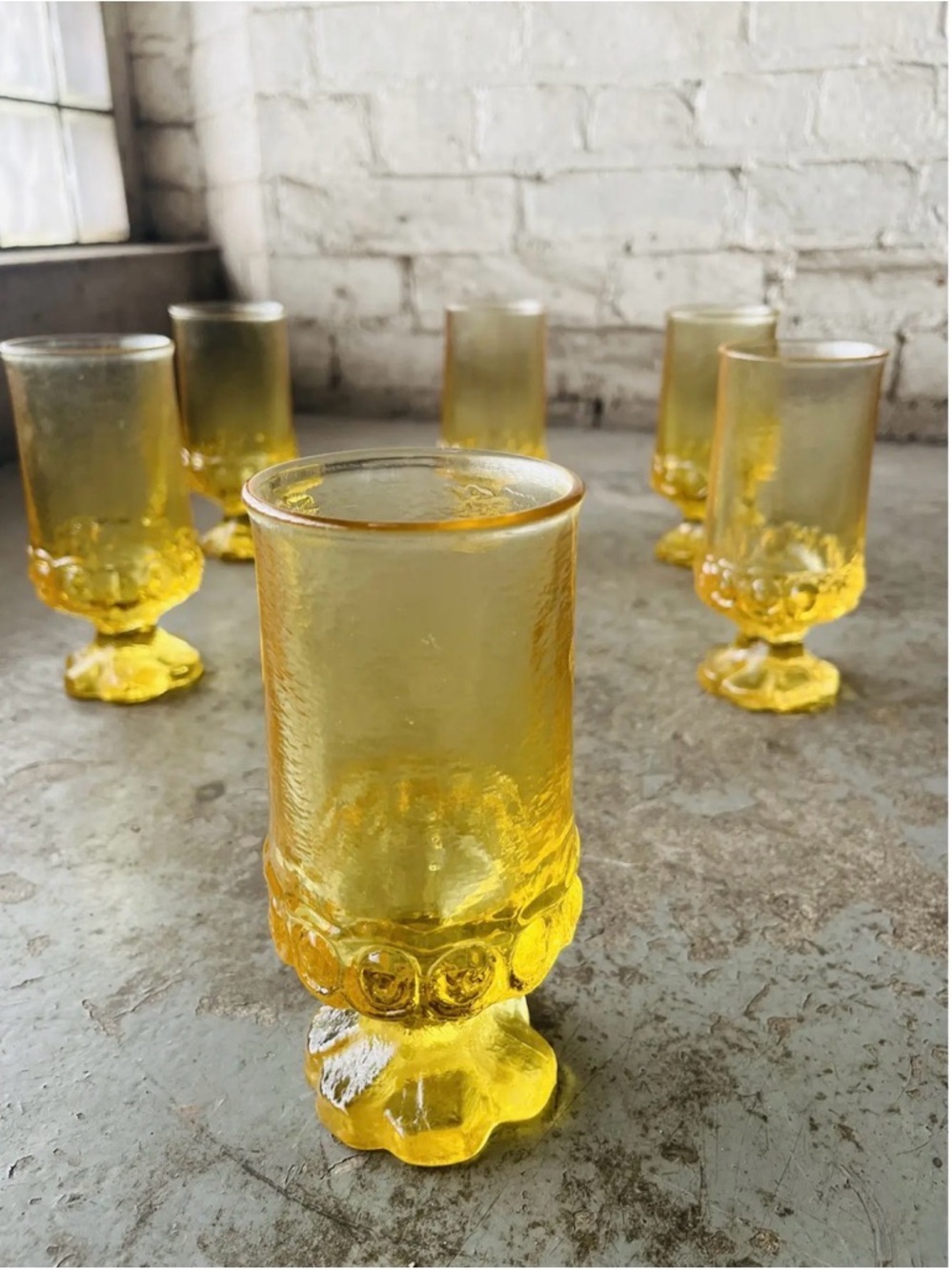 Set of Vintage Yellow Pressed Glass Goblets - 6pcs